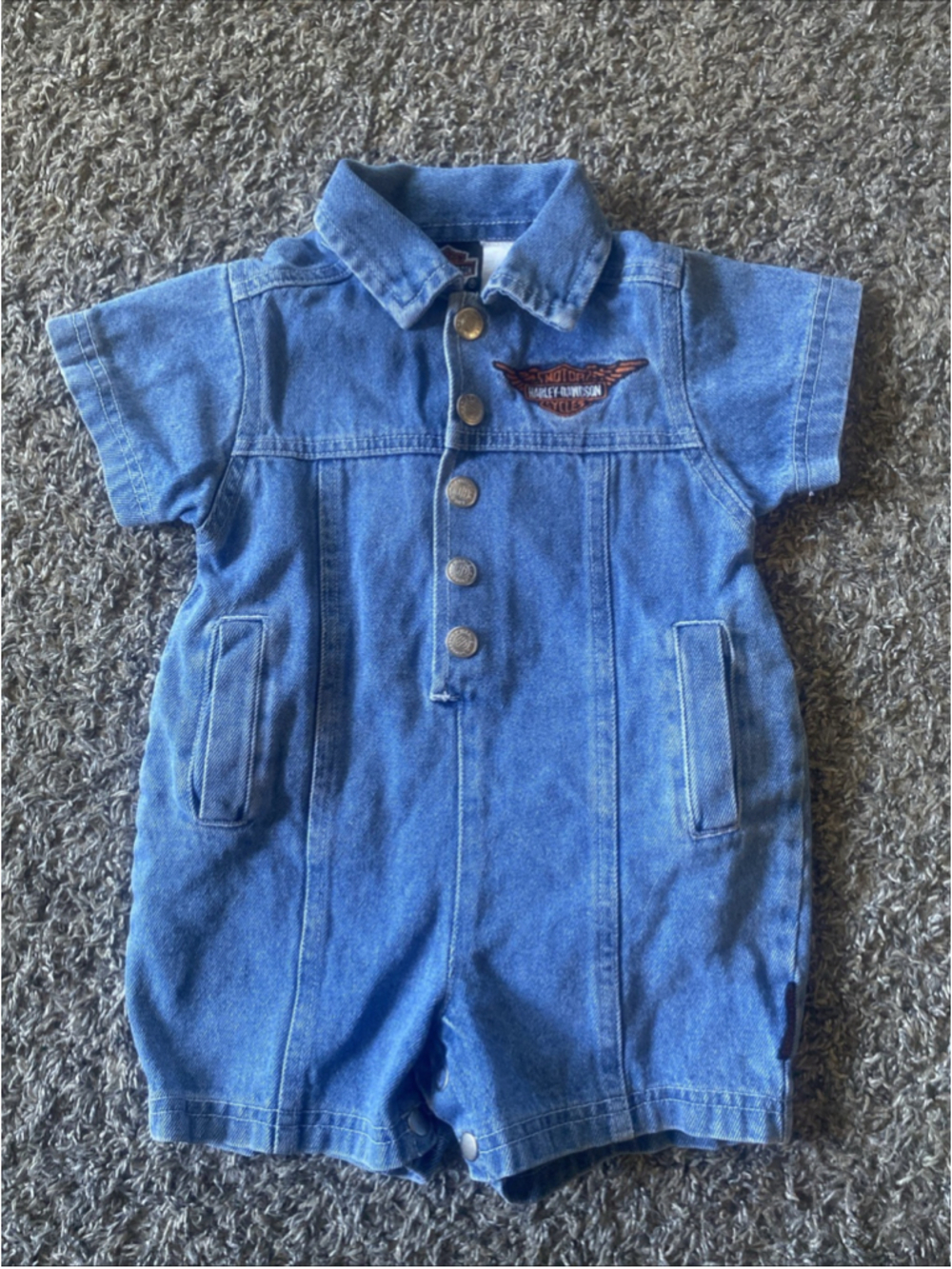 VTG Harley Davidson Jean Overalls Romper Jumpsuit Toddler Kids 6/9 Months
